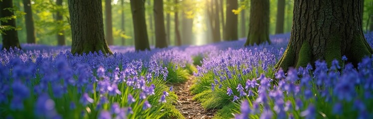 Obraz premium Sunlit forest path leads through dense carpet of blooming bluebells. Tall trees with green canopy filter soft sunlight creating dappled light patterns on forest floor.