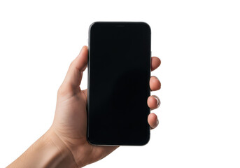 Hand holding a smartphone with blank screen isolated on transparent background