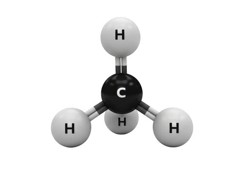 Molecular structure of methane with carbon and hydrogen atoms isolated on transparent background
