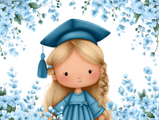 Cute Girl Graduate with Blue Flowers Frame, Kawaii Graduation Illustration, Floral Spring Clipart Isolated on White
