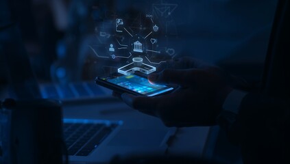 Person using smartphone with futuristic interface and icons floating above