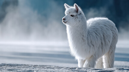 Obraz premium Alpaca winter snow frost cold animal fur fluffy cute nature serene alpaca standing on snowy landscape in cold winter frost with fluffy white fur and soft morning light in peaceful nature scene