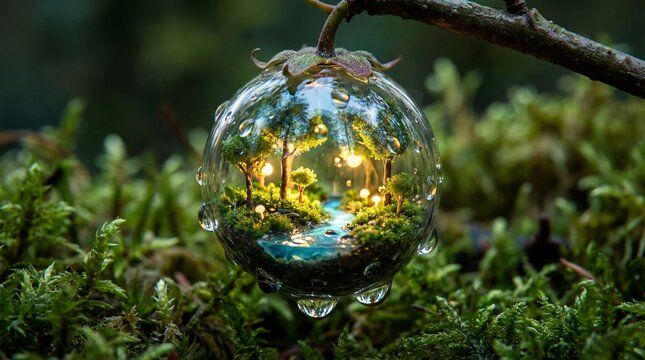 Magical Miniature Forest Terrarium in a Glass Sphere Hanging in Nature