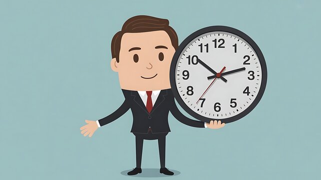 Animated business man presenting time management with oversized clock illustration