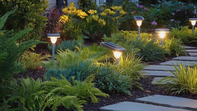 Solar lanterns illuminate a garden path at night. The scene features lush greenery, stone pavers, and warm bokeh lights, creating a cozy outdoor atmosphere.