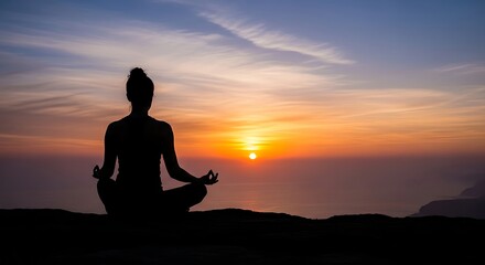 Silhouette Serene Meditation Girl Practicing Yoga Asana at Sunrise Landscape