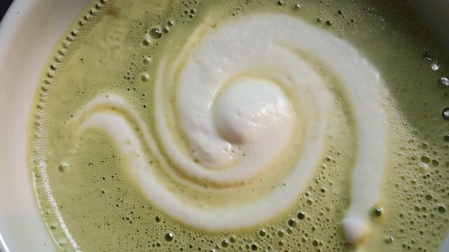A close-up of a pistachio latte with a creamy swirl pattern on top. The drink is served in a white cup, showcasing a vibrant green color.