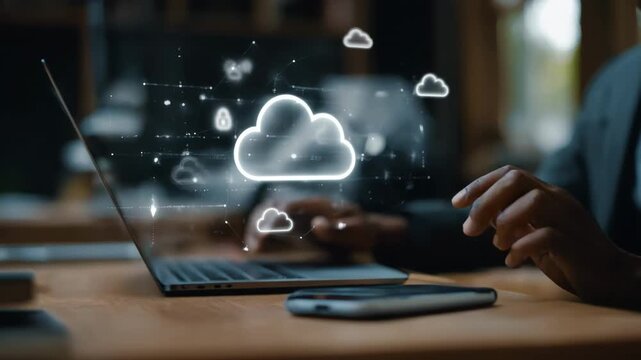 Medium shot showing a professional using secure cloud platforms to safely store and manage sensitive tax information remotely.