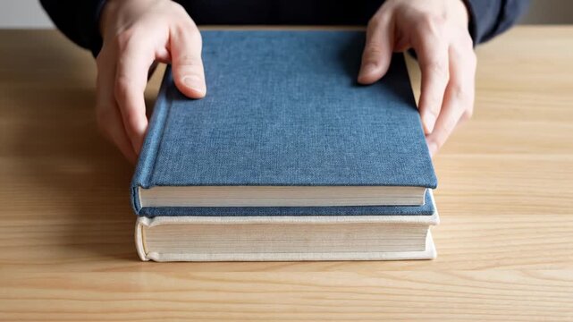 Book stacked on another book. Top-down close-up of a book being placed carefully on top of another book, edges aligning neatly on a flat surface.