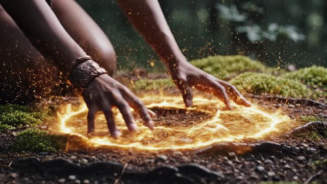 Mystical hands conjuring fiery energy in a natural setting.