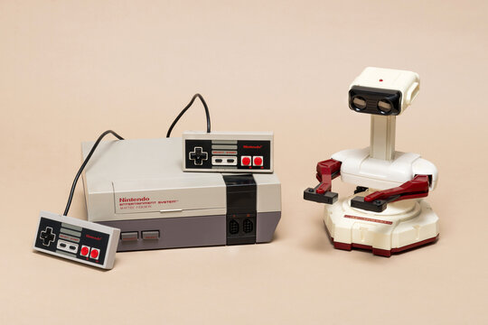 Nintendo Entertainment System (NES) console from 1986, with its R.O.B. robot
