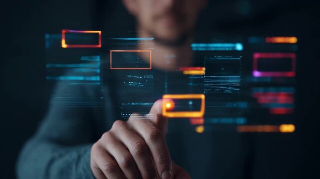 Medium shot of a tech expert using AIpowered software to decode layered title information surrounded by digital code and data streams.
