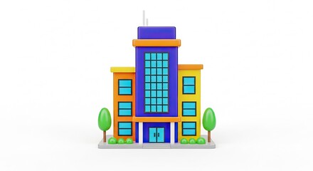 A colorful cartoon illustration of a modern office building with trees