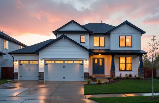 Modern white suburban two story house with large garage and blue front door. Warm lights shine from windows at dusk. Rich green lawn and dark roof.