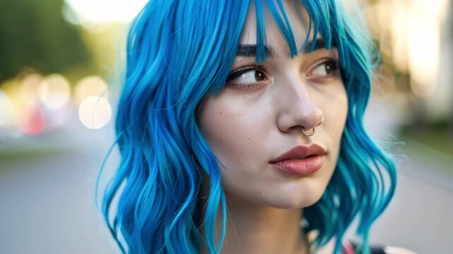 Junge Frau mit blauen Haaren und Piercings