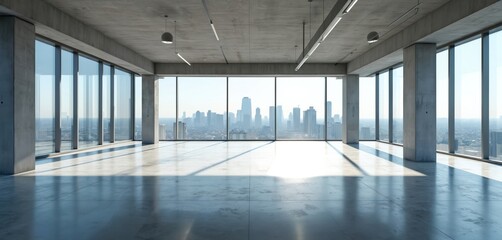 Fototapeta premium Empty modern loft interior with concrete floor and walls. Large windows reveal panoramic city skyline view. Sunlight streams in, casting long shadows on the clean, open space.