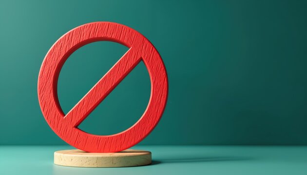 Red prohibition sign on wooden base against teal backdrop. Symbol conveys message of restriction or warning. Simple graphic object for concepts.