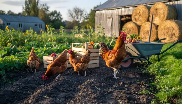 Healthy chickens freely roaming on rich soil in a vibrant organic farm with freshly harvested vegetables and hay bales, showcasing sustainable agriculture, natural living, and fresh produce