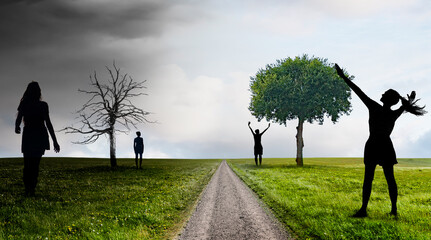 Obraz premium Person mit unterschiedlichen Emotionen auf einem Weg durch eine Landschaft