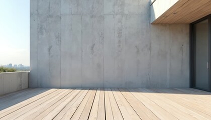 Obraz premium Modern concrete wall on wooden terrace balcony overlooks cityscape. Empty outdoor space with glass door, light sky, and distant trees. Clean architectural background.