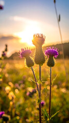 Thistles bloom in a sunlit field. Golden hour. Purple flower heads glisten against warm, bokeh background