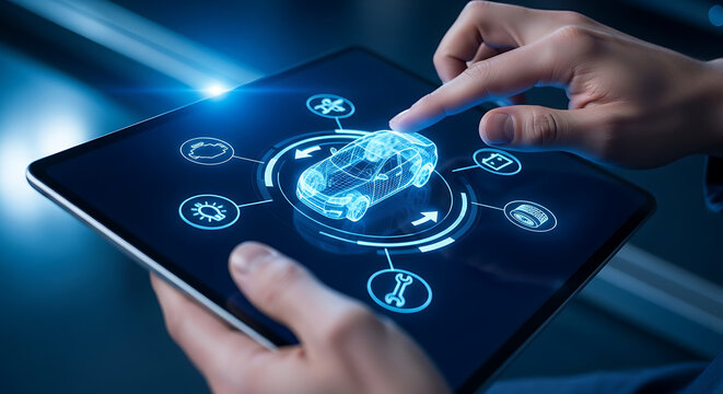 Close up of a professional technician using a digital tablet displaying a holographic wireframe model of a modern car for advanced automotive diagnostics, engineering, and future vehicle technology sy