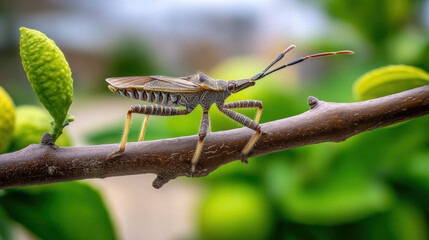 macro photography of a leaf-footed bug on a vibrant green leaf