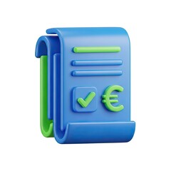 3d illustration of a blue document with green accents and a euro symbol