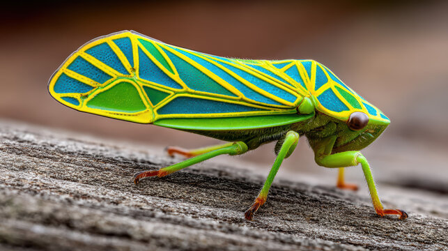 colorful treehopper insect side view on vibrant foliage