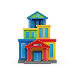 A colorful toy bank building with a clock tower and red awning