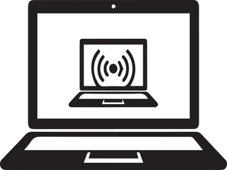 A black and white illustration of a laptop with a Wi-Fi symbol on its screen on transparent background © Danyllo