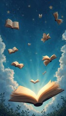 Naklejka premium Open book emits bright light as pages fly into starry blue sky with clouds. Other books soar like birds among stars and butterflies. Image promotes reading, imagination and adventure.