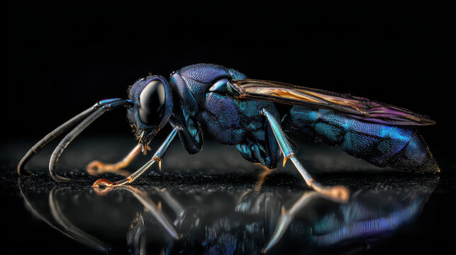 close-up of a metallic blue mud dauber insect