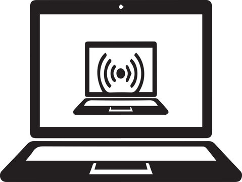 A black and white illustration of a laptop with a Wi-Fi symbol on its screen on transparent background