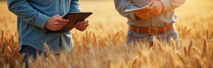 Agronomist and farmer examine wheat field data on tablet. People use tech for crop analysis growth planning. They check plant quality in golden harvest agriculture setting.