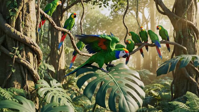 Jungle foliage with parrots. A lively jungle scene features wide-leaf plants, climbing vines, and parrots adding color within a clean and simplified natural layout.