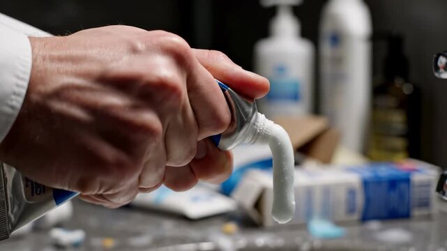 Squeezing toothpaste from a tube, close-up shot, white paste.