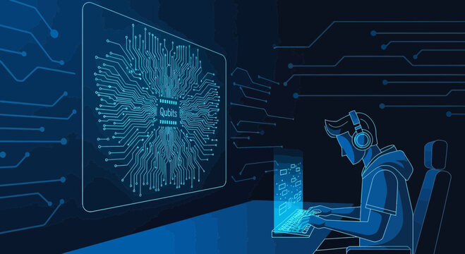 Futuristic developer coding complex algorithms with quantum computing technology interface