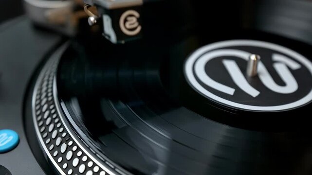Footage of a branded vinyl record with precise logo etching emphasizing sleek corporate graphics engraved on the classic black grooves.