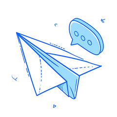 Blue-outlined paper airplane and speech bubble icon with chat dots, floating on white