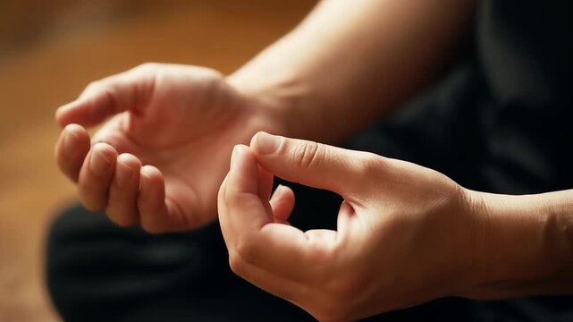 Person meditating with hands in mudra on wooden floor
