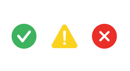 Check mark, warning sign, and cross symbol icons.