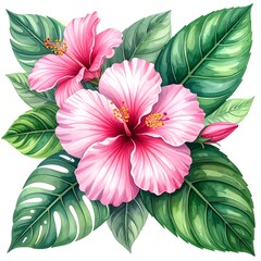 Pink hibiscus blossoms with lush green leaves. Bright, inviting, isolated