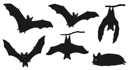 Obraz premium Vector silhouette illustrations of bats in various poses, flying with wings spread, hanging upside down, and resting.