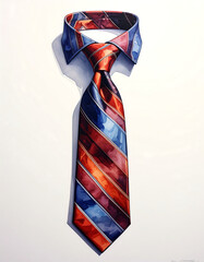 Red & blue striped tie hangs on white. Watercolor-style rendering, strong shadows