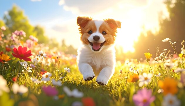 A joyous, fluffy puppy bounds towards the viewer through a meadow of wildflowers under a bright, sunny sky. The scene is full of life and cheer