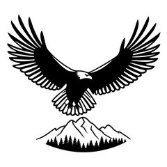 Fototapeta premium A black and white vector graphic of an eagle flying over mountains