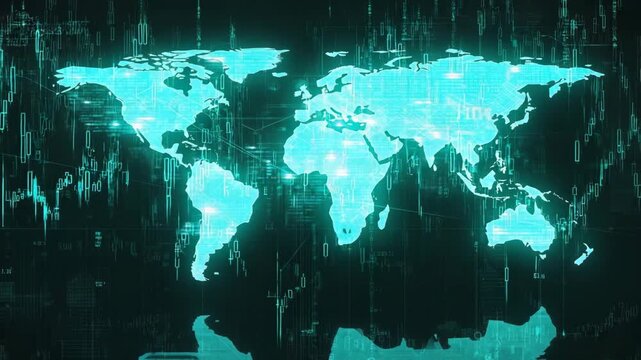 world map background Data streams moving across the map, light pulses on key points, slow cinematic motion 4K 