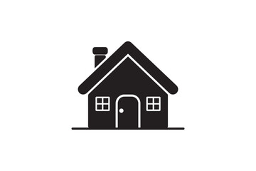 Fototapeta premium Minimalist house icon with chimney and front door isolated on white background black silhouette of simple cottage home architecture design element