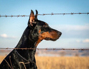 Doberman profile through barbed wire; alert, black/brown dog against blurred field